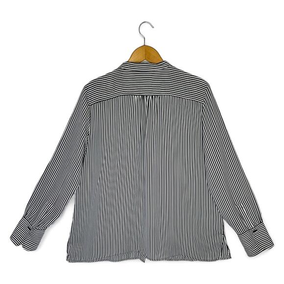 Ann Taylor Striped Button Down Collarless Shirt Size L Black White Stripes - Picture 3 of 9
